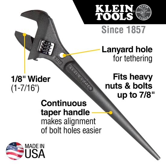 Klein Tools Adjustable Spud Wrench 10-Inch 1-7/16-Inch Tether Hole - Image 1