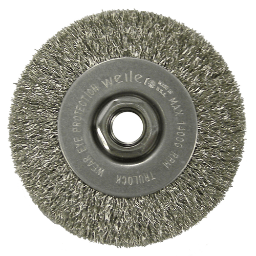 Weiler 4" Narrow Face Crimped Wire Wheel, .014" Steel Fill, 5/8"-11 UNC Nut