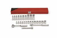 Wright Tool 3/8" Drive 27 Piece Metal Boxed Set - 6 Point Standard & 12 Pt Deep Metric Sockets 6mm - 19mm Ratchet Flex Handle 6" Extension