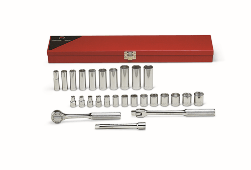 Wright Tool 3/8" Drive 27 Piece Metal Boxed Set - 6 Point Standard & 12 Pt Deep Metric Sockets 6mm - 19mm Ratchet Flex Handle 6" Extension