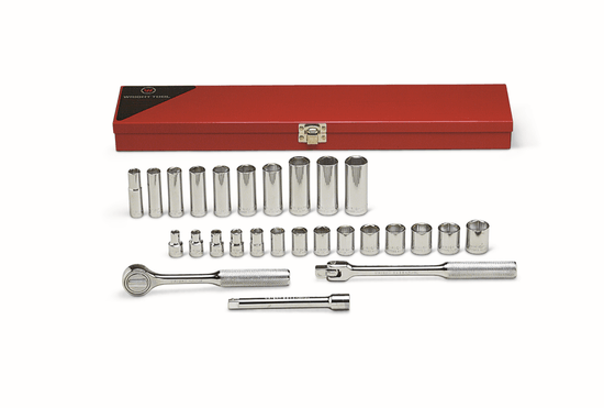 Wright Tool 3/8" Drive 27 Piece Metal Boxed Set - 6 Point Standard & 12 Pt Deep Metric Sockets 6mm - 19mm Ratchet Flex Handle 6" Extension - Image 1
