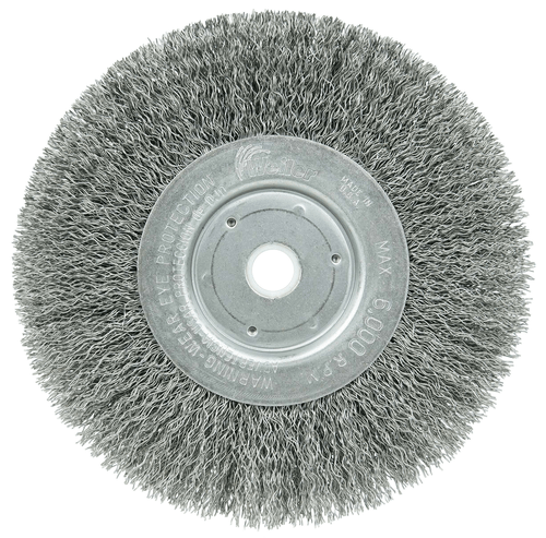 Weiler 6" Narrow Face Crimped Wire Wheel, .014" Steel Fill, 5/8"-1/2" Arbor Hole - Image 1