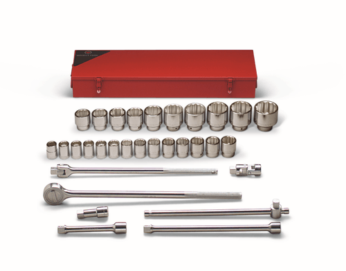 Wright Tool 3/4" Drive 31 Piece Metal Boxed Set - 12 Point Standard Metric Sockets 19mm - 60mm Ratchet Flex Handle Sliding T 3-1/2" 8" 16" Extensions