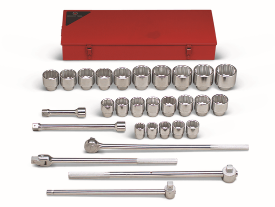 Wright Tool 1" Dr 29 Piece Metal Boxed Set - 12 Point Standard Sockets 1-1-7/16" - 3-1/8" Ratchet Flex Handle Bull Bar Sliding T 8" 17" Extensions - Image 1
