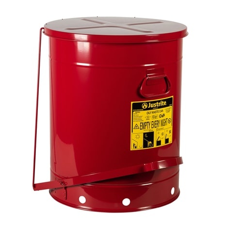 Justrite 21 Gallon, Oily Waste Can, Hands-Free, Self-Closing Cover, Red - 09700