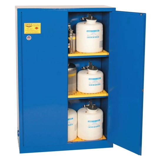 Eagle Manufacturing 45 Gallon 2 Door 2 Shelves Manual Close Metal Corrosive Safety Cabinet Blue - Image 2