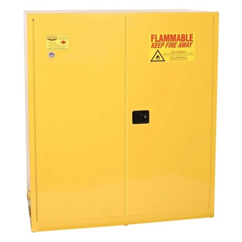 Eagle Manufacturing 110 Gallon 2 Drum Vertical 1 Shelf 2 Door Manual Close Safety Cabinet Yellow