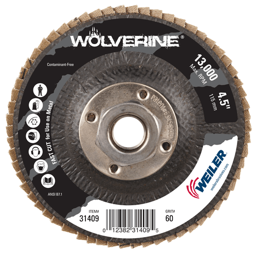 Weiler 4-1/2" Wolverine Abrasive Flap Disc, Flat (TY27), Phenolic Backing, 60Z, 5/8"-11 UNC Nut - Image 7