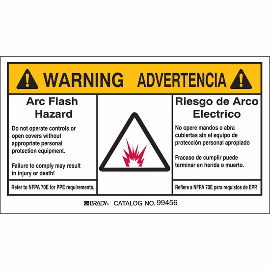 Brady Bilingual WARNING Arc Flash Hazard Labels - Image 1