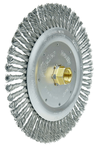 Weiler Dually 7" Root Pass Weld Cleaning Brush, .020" Steel Wire Fill, 5/8"-11 UNC Double-Hex Nut - Image 3