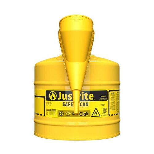 Justrite 5 Gallon Steel Safety Can for Diesel, Type I, Funnel, Flame Arrester, Yellow - 7150210