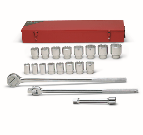 Wright Tool 3/4" Drive 19 Piece Metal Boxed Set - 12 Point Standard Sockets 7/8" - 2" Ratchet Flex Handle 8" Extension - Image 1