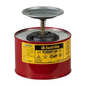 Justrite 2 Quart Steel Plunger Dispensing Can, Perforated Pan Screen Serves as Flame Arrester, Red - 10208