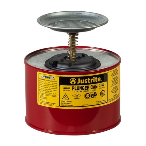 Justrite 2 Quart Steel Plunger Dispensing Can, Perforated Pan Screen Serves as Flame Arrester, Red - 10208