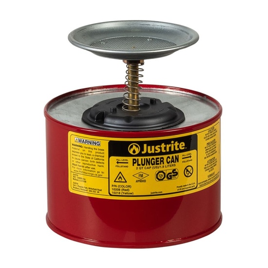 Justrite 2 Quart Steel Plunger Dispensing Can, Perforated Pan Screen Serves as Flame Arrester, Red - 10208 - Image 1