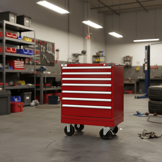 Wright Tool 29" 7 Drawer Heavy Duty Roller Cabinet 29-1/4"Wide x 33-1/2"High x 21-1/2"Deep with Security Lock and 2 Keys 2 Handles 4 Casters Forklift - Image 2