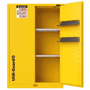 Justrite 45 Gallon, 2 Shelves, 2 Doors, Self Close, Flammable Cabinet, Sure-Grip® EX, Yellow - 894520
