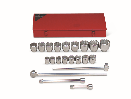 Wright Tool 1" Dr 21 Piece Metal Boxed Set - 12 Point Standard Sockets 1-7/16" - 3-1/8" Ratchet Sliding T 8" 17" Extensions - Image 1