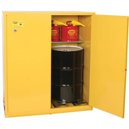 Eagle Manufacturing 110 Gallon 2 Drum Vertical 1 Shelf 2 Door Manual Close Safety Cabinet Yellow - Image 2