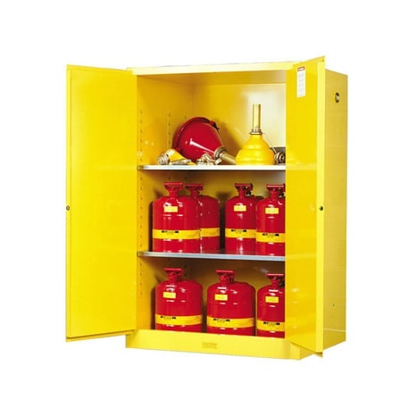 Justrite 90 Gallon, 2 Shelves, 2 Doors, Manual Close, Flammable Cabinet, Sure-Grip® EX, Yellow - 899000 - Image 1