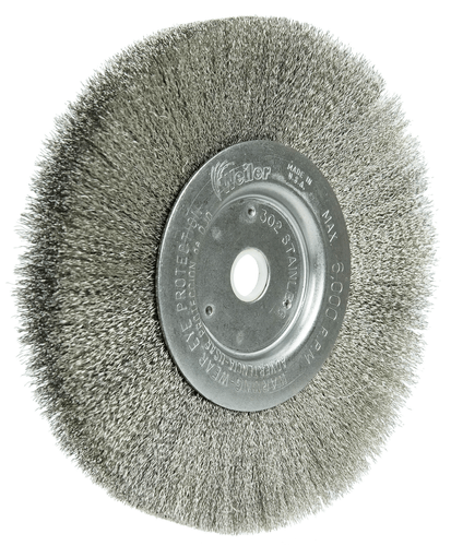 Weiler 6" Narrow Face Crimped Wire Wheel, .006" Stainless Steel Fill, 5/8"-1/2" Arbor Hole - Image 2
