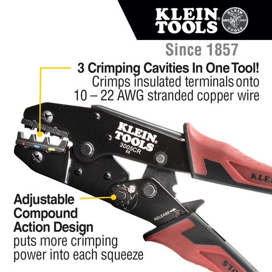Klein Tools 3005CR Ratcheting Crimper, 10-22 AWG - Insulated Terminals - Image 2