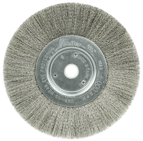 Weiler 6" Narrow Face Crimped Wire Wheel, .006" Stainless Steel Fill, 5/8"-1/2" Arbor Hole - Image 1